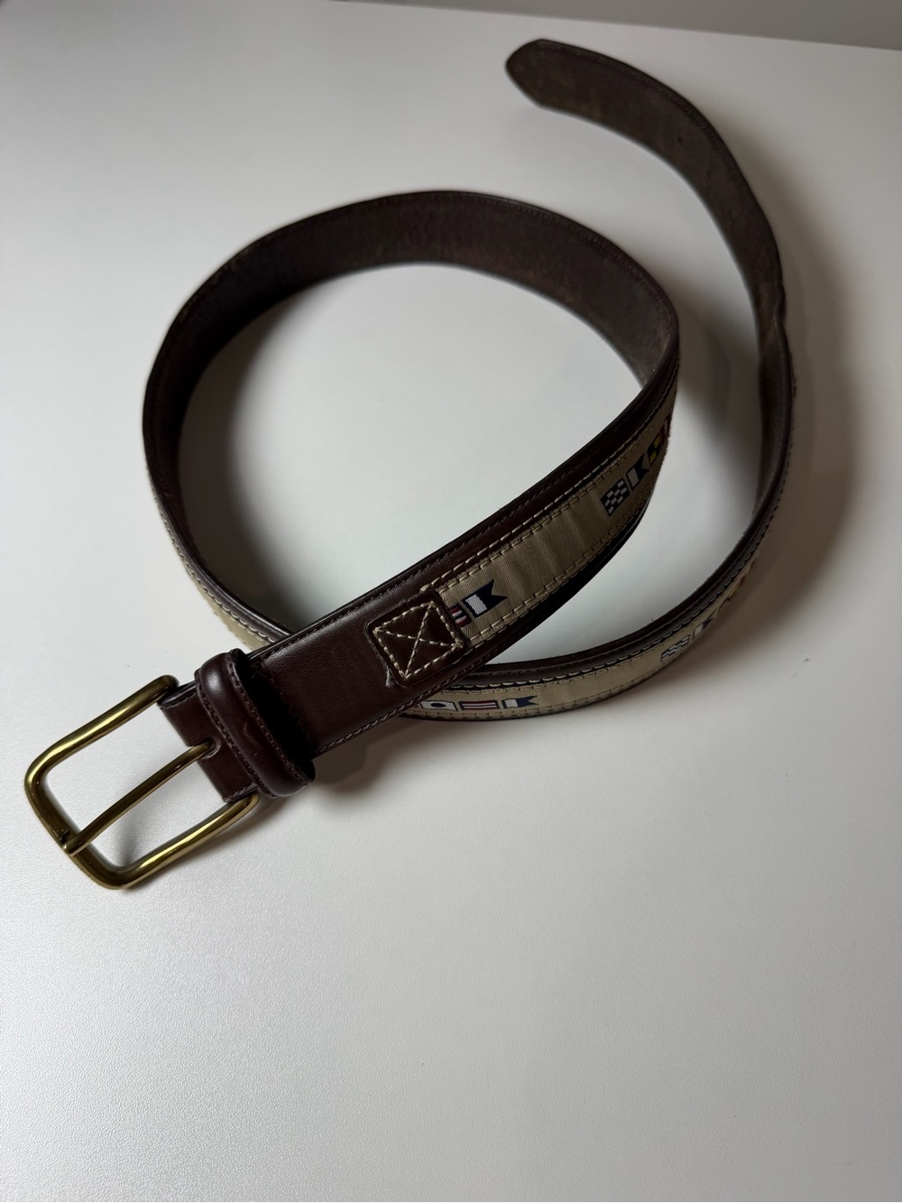Vintage Leatherman Nautical Theme Sailing Flags Brown Leather Belt Canvas Inlay